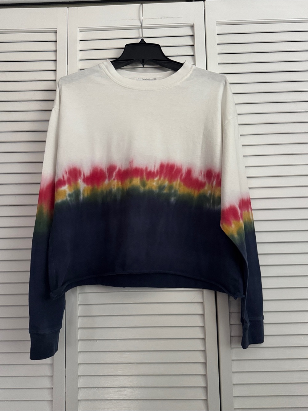 Free People White Tie-Dye Crewneck with Red, Yellow & Navy Bands